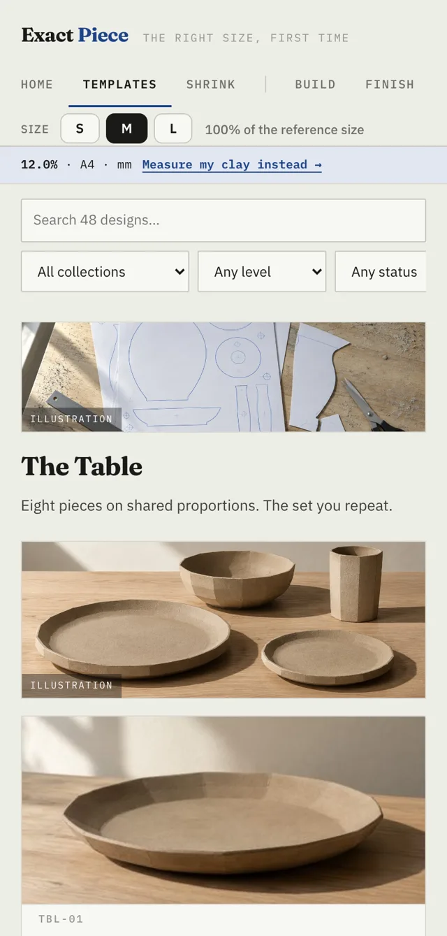The app: search 48 designs, size selector S, M and L, collections