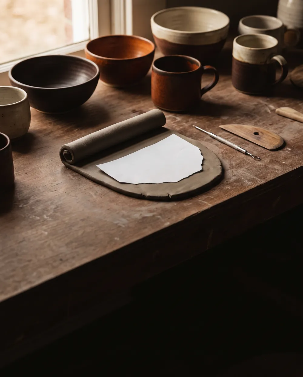 A potter's workbench with a clay slab, a paper template and handmade bowls and mugs