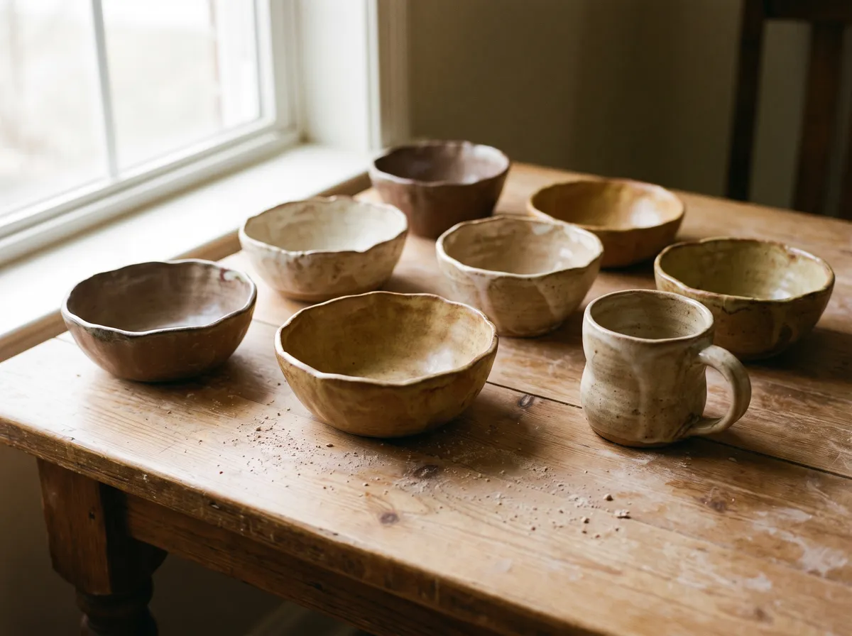 Several uneven handmade bowls and a wobbly mug on a kitchen table