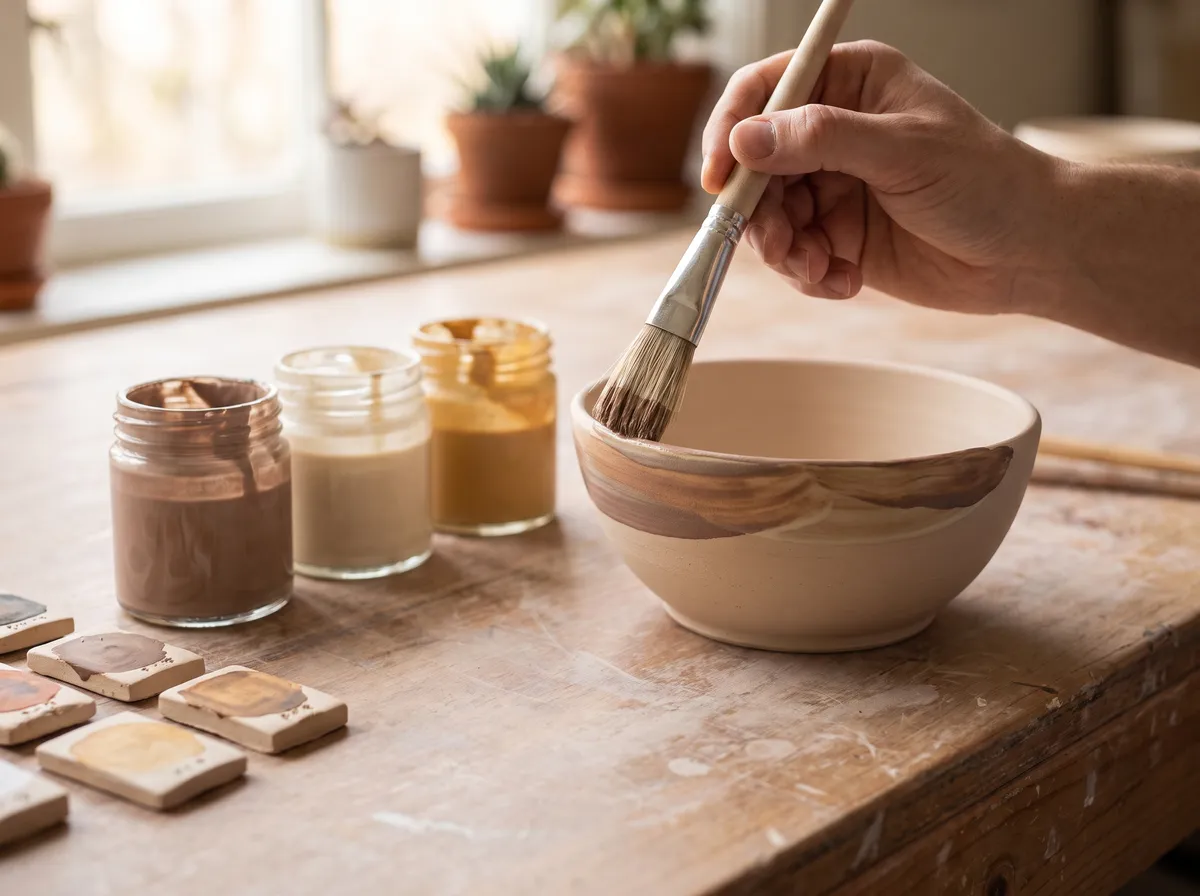 A hand painting glaze onto a bisque bowl next to glaze jars and test tiles