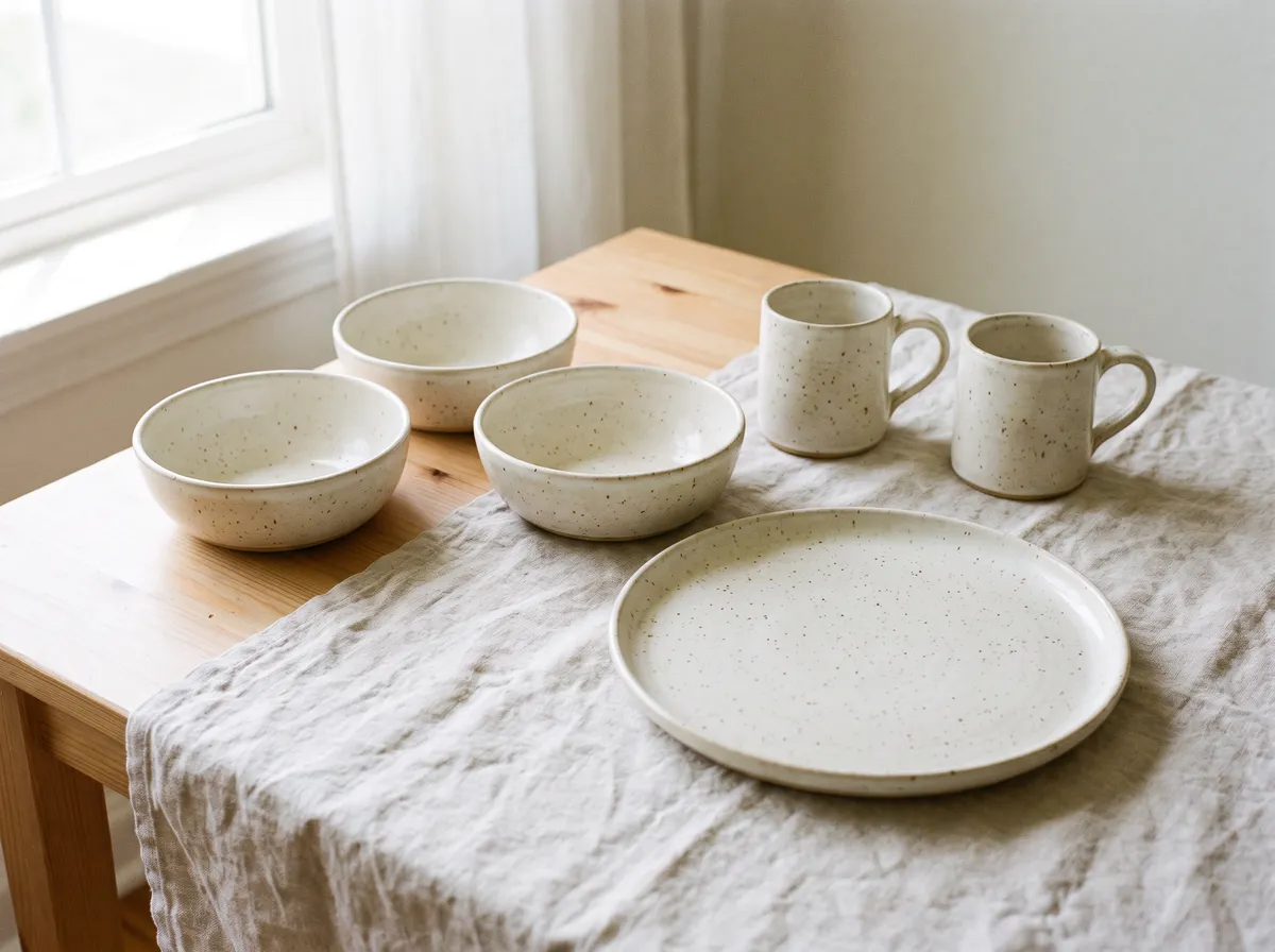 A matching set of four bowls, two mugs and a plate with clean even edges