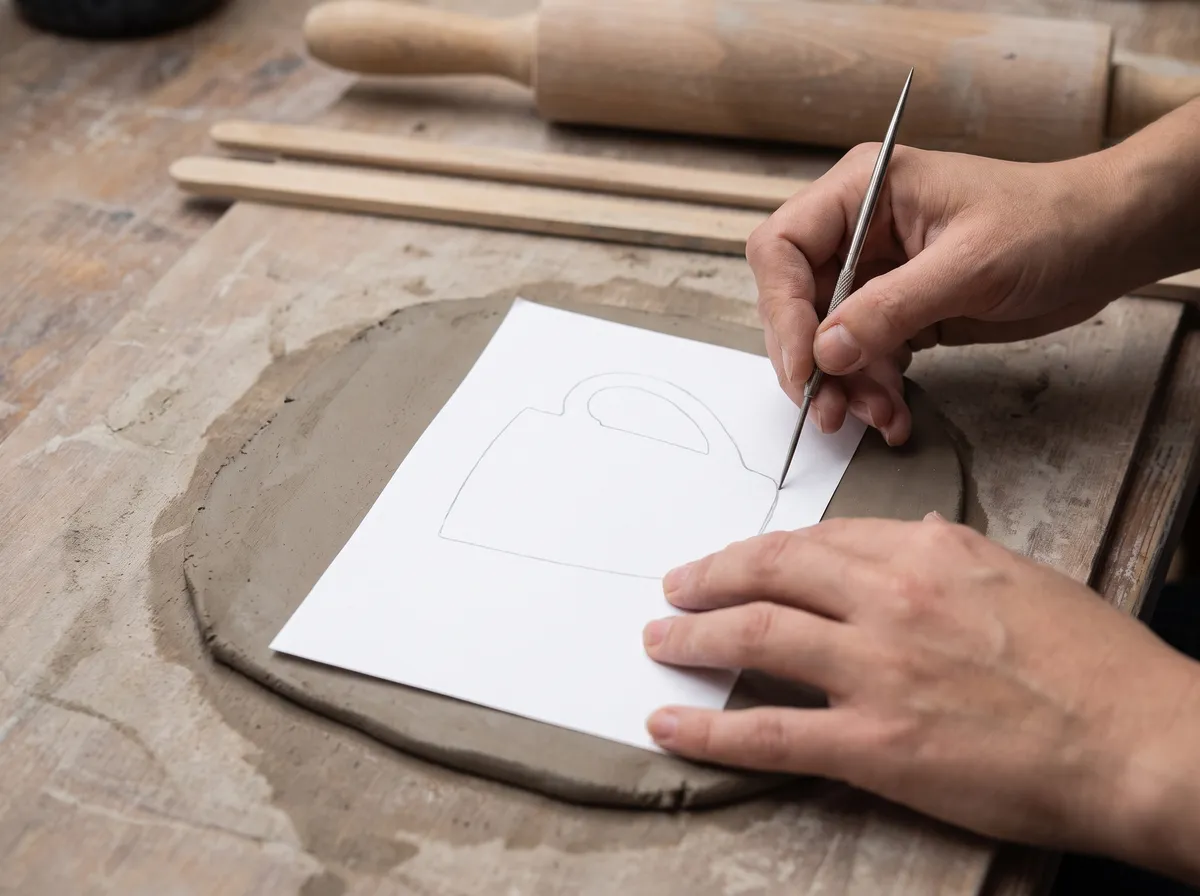 Hands laying a printed mug template on a clay slab and cutting along the edge